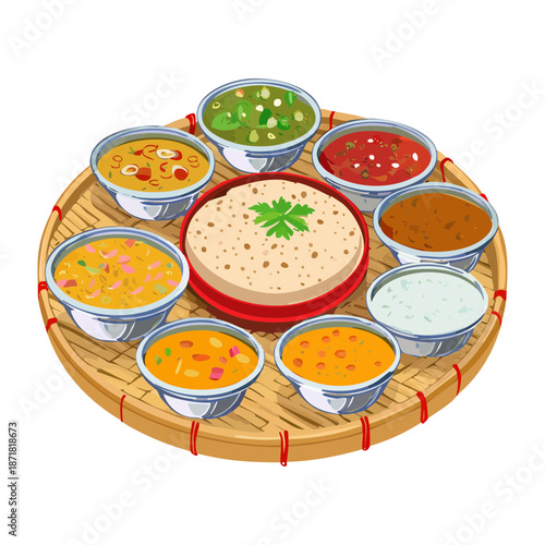 Large indian thali platter with assorted curries rice and dipping sauces served on wooden tray - Vector Illustration