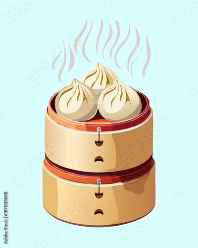 Steaming hot baozi dim sum buns served in a traditional round bamboo steamer basket container - Vector Illustration