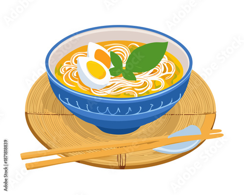Savory ramen noodle soup with egg and herbs served in a blue bowl with wooden chopsticks - Vector Illustration