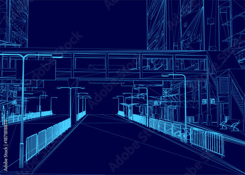 A wireframe city street scene at night features illuminated buildings, street lights, and railings under a dark sky.