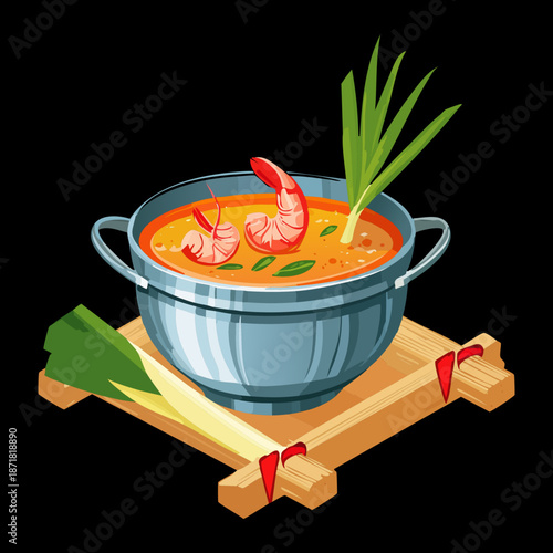 Spicy seafood soup with prawns and herbs served in a blue ceramic bowl on bamboo mat - Vector Illustration