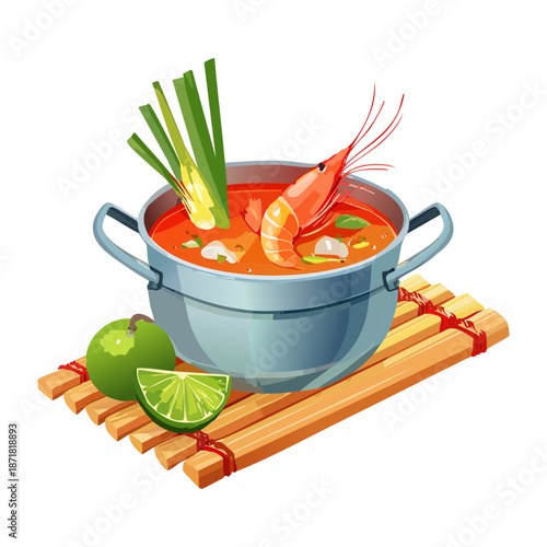 Authentic thai spicy shrimp soup with chili and lemongrass served in a traditional metal cooking pot - Vector Illustration