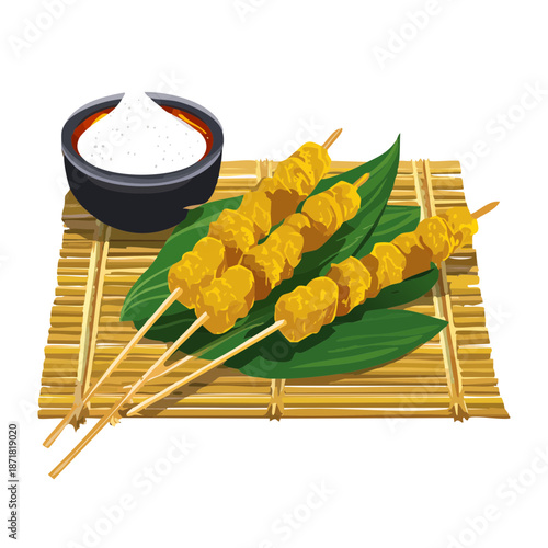 Grilled chicken skewers with savory peanut dipping sauce served on traditional bamboo mat with rice cakes - Vector Illustration