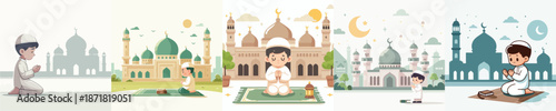 Cute Muslim children praying with mosques, crescents, and lanterns in festive Ramadan scenes.