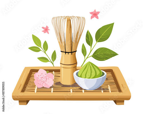 Zen style matcha green tea set with bamboo whisk and green tea powder on wooden board - Vector Illustration