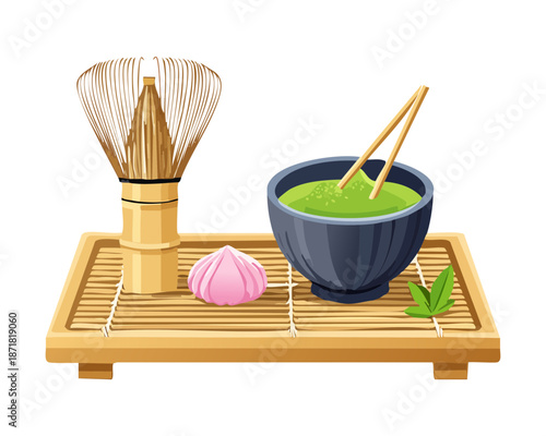 Authentic japanese green tea ceremony set with bamboo whisk ceramic bowl and small pink sweet snack - Vector Illustration
