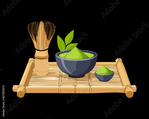 Traditional matcha tea preparation set with bamboo whisk bowl and green powder on wooden tray - Vector Illustration