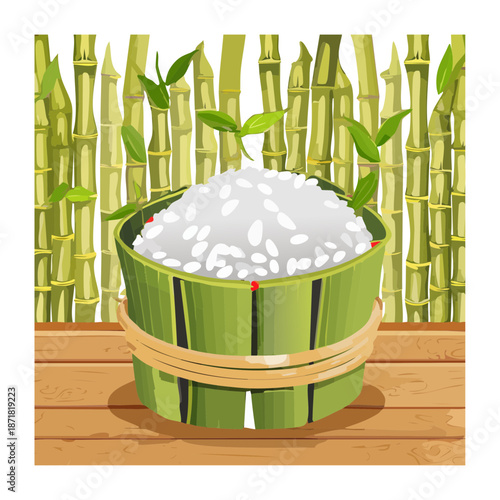 Freshly steamed rice in a natural green bamboo cup with small bamboo leaves for organic presentation - Vector Illustration