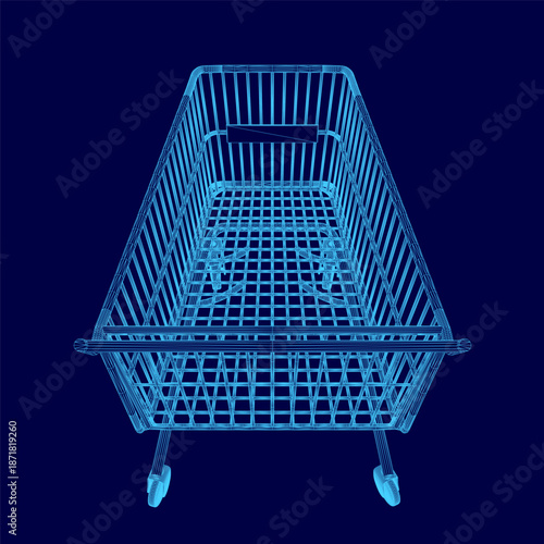 Wireframe shopping cart with metal frame and four wheels stands out against a stark blue background. This market cart concept is easily movable.