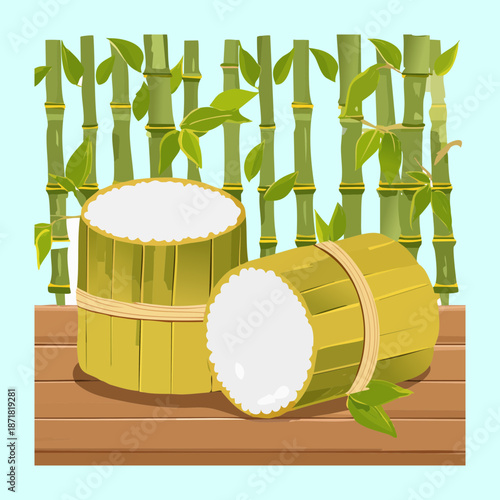 Traditional asian bamboo sticky rice snacks wrapped in natural green leaves and stacked on wooden board - Vector Illustration