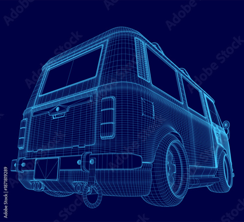 A detailed 3D wireframe model of a minibus is displayed on a solid blue background, revealing the vehicle's complete structural blueprint and mechanical layout.