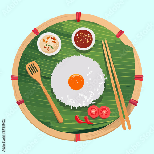 Traditional asian fried egg rice served on green banana leaf with spicy chili sauce and wooden chopsticks - Vector Illustration