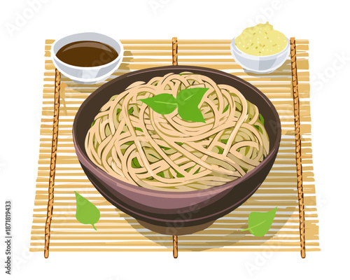 Authentic soba noodles in a bowl with dipping sauce for healthy lunch and restaurant menu illustration Vector Illustration