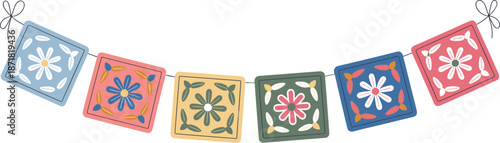 Colorful papel picado banner with floral folk patterns festive hanging flags illustration for celebration party decoration Mexican style