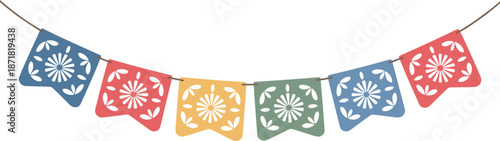 Colorful papel picado banner with floral folk patterns festive hanging flags illustration for celebration party decoration Mexican style