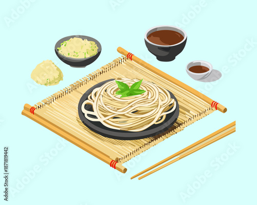 Healthy soba noodle meal with dipping sauce for traditional dining and restaurant menu branding and marketing Vector Illustration