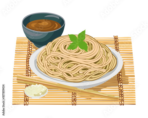 Traditional buckwheat noodles with dipping sauce for healthy diet and authentic restaurant menu and food blog Vector Illustration