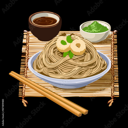 Cold soba noodles with dipping sauce for healthy summer meal and traditional restaurant menu and branding Vector Illustration