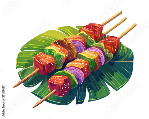 Grilled shish kebabs with meat and colorful vegetables for outdoor party and restaurant menu branding items Vector Illustration