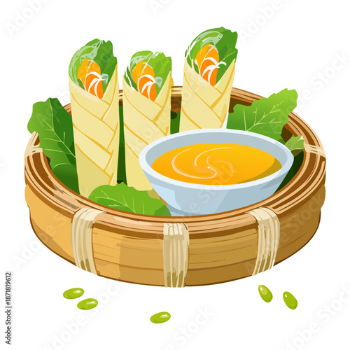 Freshly made spring rolls for healthy lunch and traditional restaurant menu and food blog content marketing Vector Illustration