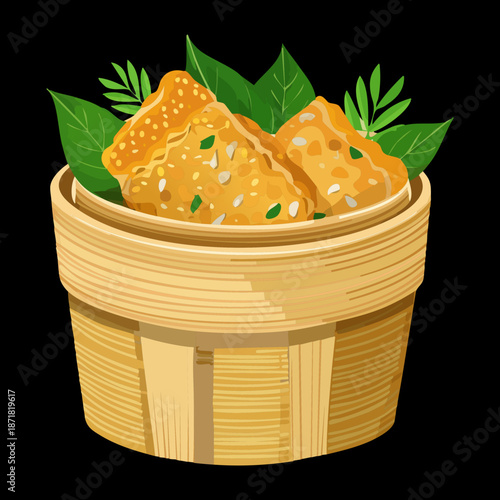 Crispy fried tofu in a bamboo basket for vegetarian snack and traditional restaurant menu branding materials Vector Illustration
