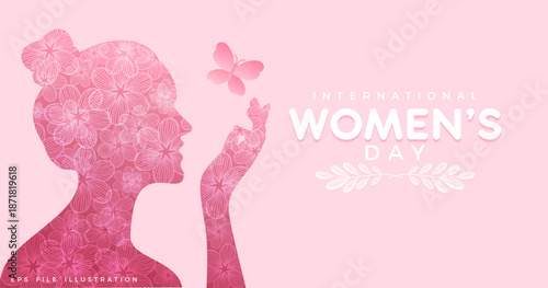 Paper-style International Women's Day background with floral ornament decoration