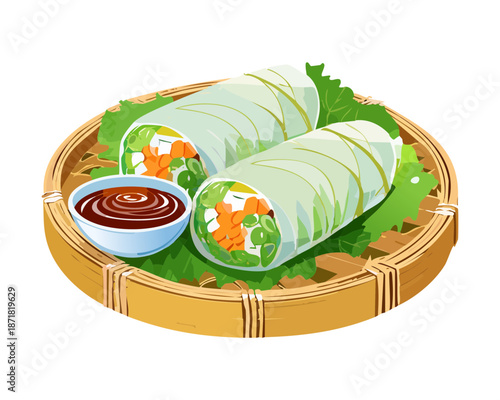 Healthy vegetable spring rolls with dipping sauce for vegetarian meal and restaurant menu design and advertising Vector Illustration