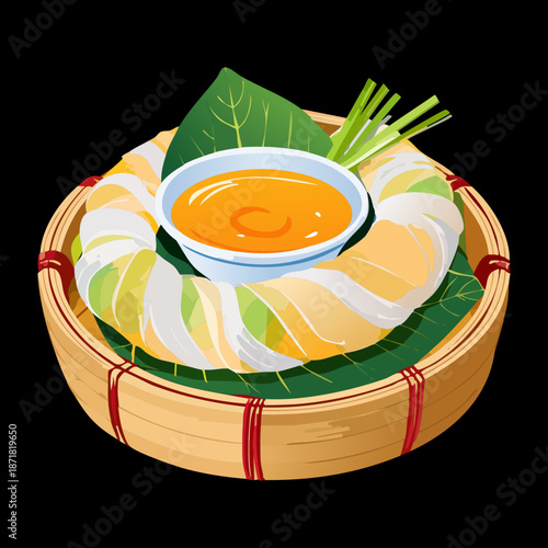 Authentic spring rolls on a bamboo platter for healthy snack and oriental restaurant menu and promotion Vector Illustration