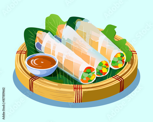 Fresh spring rolls with dipping sauce for healthy appetizer and traditional restaurant menu and branding items Vector Illustration