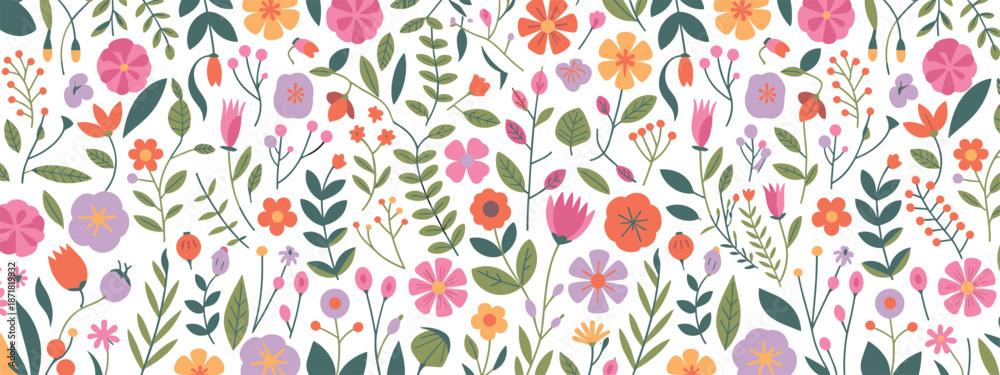 Fototapeta premium Vibrant seamless floral pattern with colorful abstract flowers leaves and playful botanical elements for modern wallpaper fabric design