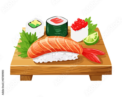 Sushi selection with salmon nigiri and rolls for healthy seafood lunch and modern restaurant menu design Vector Illustration