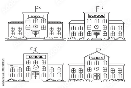 School Building Exterior Line Art Set with Clock Flag and Windows Black and White Vector Illustration