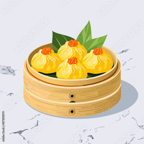 Steamed dumplings in a bamboo basket for traditional dim sum breakfast and oriental restaurant menu display Vector Illustration