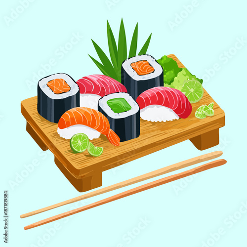 Deluxe sushi platter with assorted rolls and nigiri for seafood restaurant menu and Japanese cuisine branding Vector Illustration