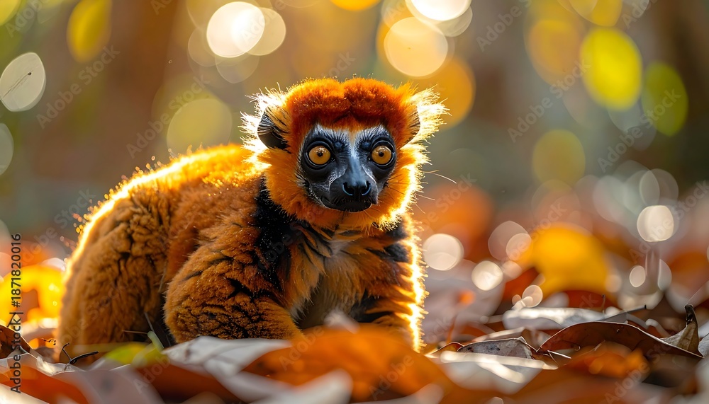 Obraz premium A cute baby lemur with golden fur and bright eyes sits on a tree branch, creating a small wildlife portrait within the wild jungle nature