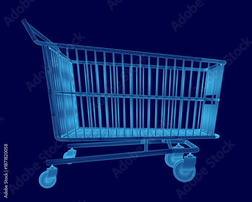 A 3D wireframe model of a shopping cart, used for market and retail concepts, is isolated on a solid blue background.