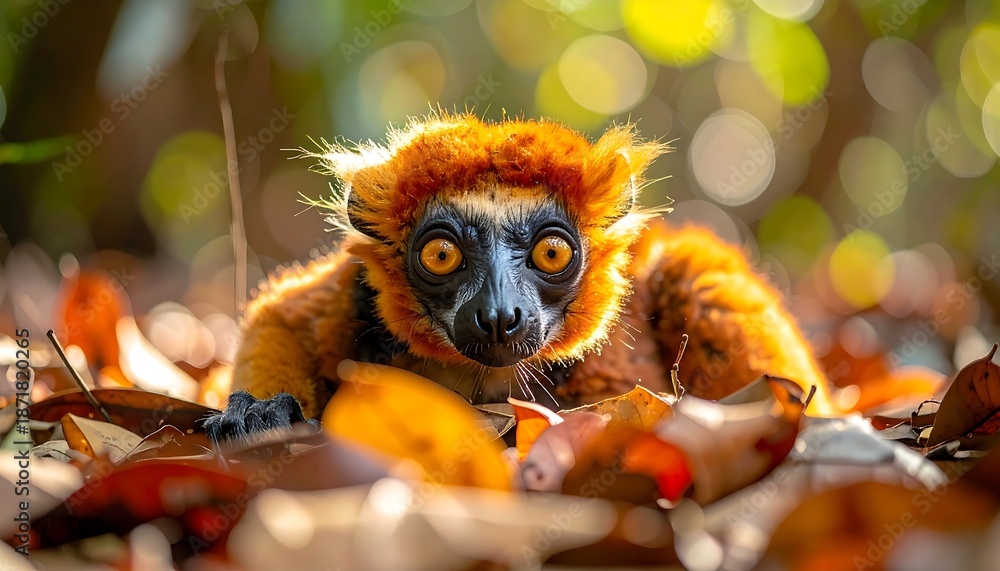 Obraz premium A cute baby lemur with golden fur and funny eyes sits on a green tree branch in the wild jungle forest, looking like a small mammal portrait from the wildlife of South America