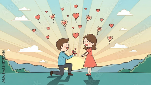 Man Proposing to Woman with Heart Balloons at Sunset