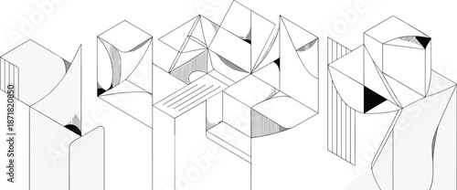 Abstract geometric shapes and lines forming a complex interconnected structure with black and white tones