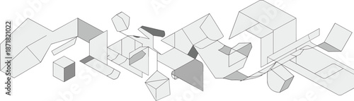 Abstract geometric shapes and structures in shades of gray and white forming a complex composition