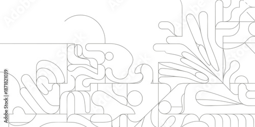 Abstract line of interconnected geometric shapes and abstract forms in white on a white background