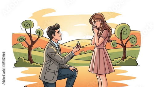 Man Proposing to Woman with Ring in Cartoon Landscape during Sunset