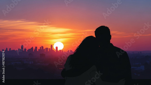 Couple Embracing at Sunset over City Skyline Silhouette