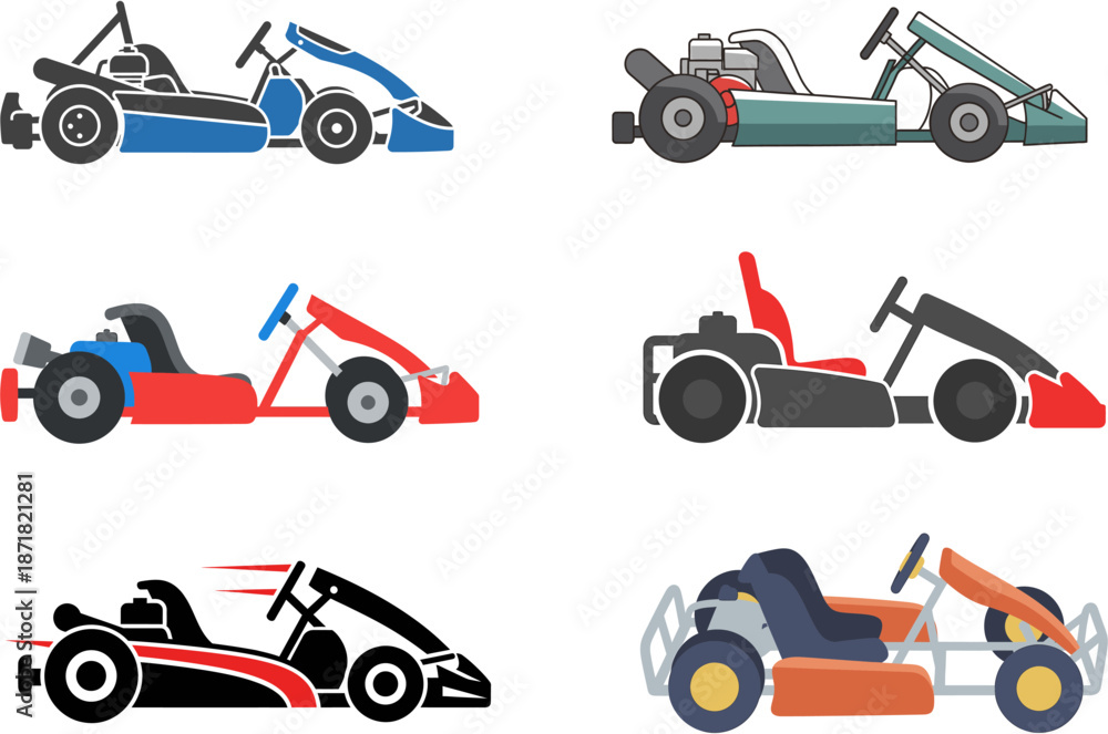 Fototapeta premium A vibrant assortment of go-kart illustrations, perfect for designs related to speed, racing, and recreational sports. Dynamic vehicles for track enthusiasts and competitive events