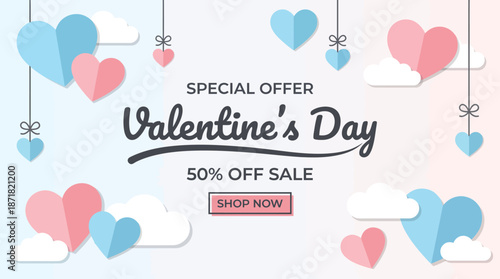 Valentine's Day Special Offer Banner with Hearts, Pastel Colors, and Shop Now Button - 50% Off Sale Visual