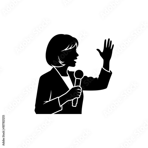 Female speaker silhouette with microphone and raised hand.