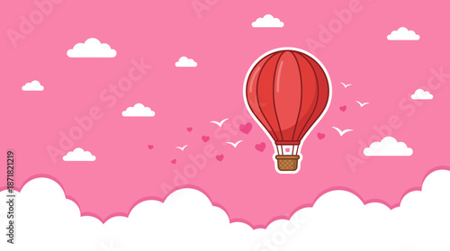A whimsical pink sky hot air balloon voyage over fluffy clouds with birds, a colorful vector illustration for travel and adventure.