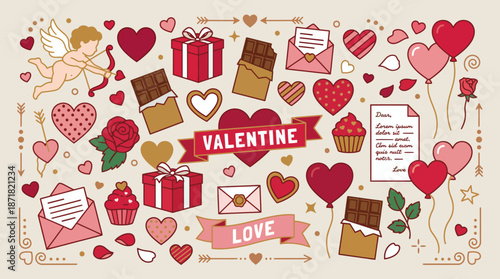 Whimsical Valentines collage featuring Cupid, hearts, gift boxes, chocolates, envelopes and love notes in a festive pink and red Valentines Day romance theme