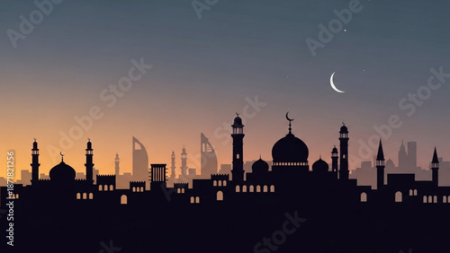 Islamic City Skyline at Dusk with Mosque Silhouette and Crescent Moon