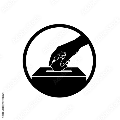 Hand putting ballot into box election vote icon.